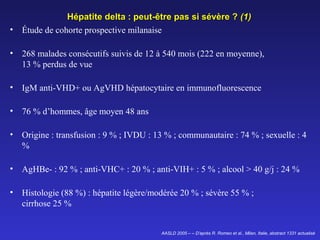 Hépatite delta : peut-être pas si sévère ? (1)
• Étude de cohorte prospective milanaise
•

268 malades consécutifs suivis de 12 à 540 mois (222 en moyenne),
13 % perdus de vue

•

IgM anti-VHD+ ou AgVHD hépatocytaire en immunofluorescence

•

76 % d’hommes, âge moyen 48 ans

•

Origine : transfusion : 9 % ; IVDU : 13 % ; communautaire : 74 % ; sexuelle : 4
%

•

AgHBe- : 92 % ; anti-VHC+ : 20 % ; anti-VIH+ : 5 % ; alcool > 40 g/j : 24 %

•

Histologie (88 %) : hépatite légère/modérée 20 % ; sévère 55 % ;
cirrhose 25 %

AASLD 2005 – – D’après R. Romeo et al., Milan, Italie, abstract 1331 actualisé

 