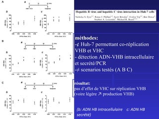 méthodes:
-¢ Huh-7 permettant co-réplication
VHB et VHC
- détection ADN-VHB intracellulaire
et secrété/PCR
-≠ scenarios testés (A B C)
résultat:
pas d’effet de VHC sur réplication VHB
(voire légère ↗ production VHB)
(b: ADN HB intracellulaire c: ADN HB
secrété)

 