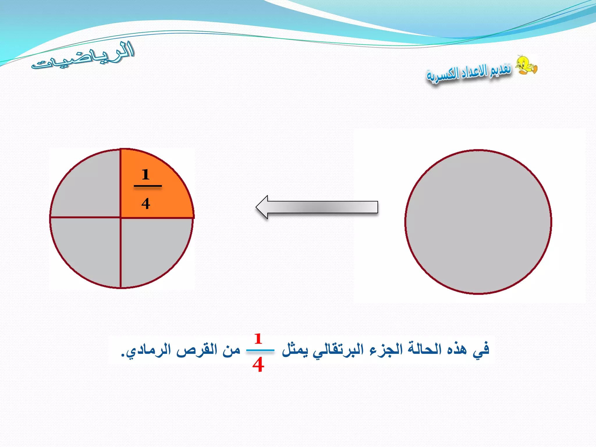 1
4
‫يمثل‬ ‫البرتقالي‬ ‫الجزء‬ ‫الحالة‬ ‫هذه‬ ‫في‬‫الرمادي‬ ‫القرص‬ ‫من‬.
1
4
 