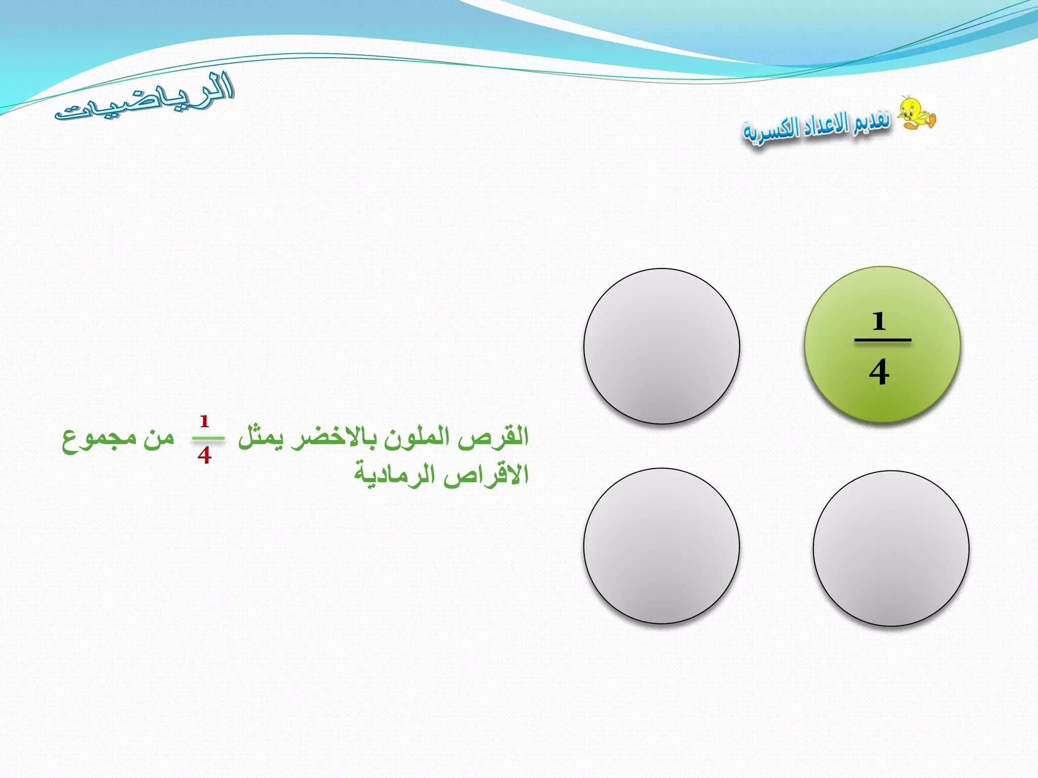 ‫القرص‬‫الملون‬‫باالخضر‬‫يمثل‬‫من‬‫مجموع‬
‫االقراص‬‫الرمادية‬
1
4
1
4
 