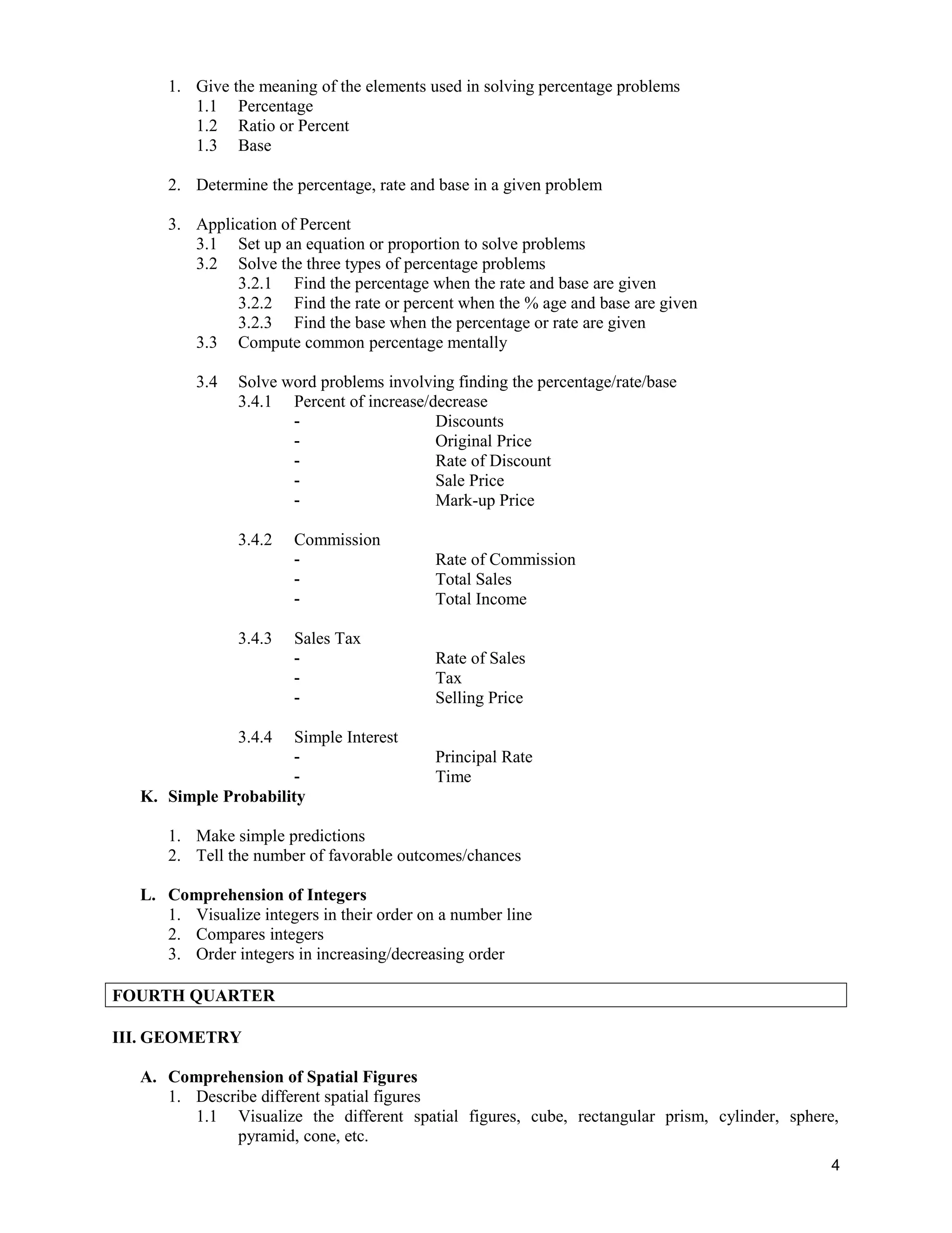 1. Give the meaning of the elements used in solving percentage problems
1.1 Percentage
1.2 Ratio or Percent
1.3 Base
2. Determine the percentage, rate and base in a given problem
3. Application of Percent
3.1 Set up an equation or proportion to solve problems
3.2 Solve the three types of percentage problems
3.2.1 Find the percentage when the rate and base are given
3.2.2 Find the rate or percent when the % age and base are given
3.2.3 Find the base when the percentage or rate are given
3.3 Compute common percentage mentally
3.4 Solve word problems involving finding the percentage/rate/base
3.4.1 Percent of increase/decrease
- Discounts
- Original Price
- Rate of Discount
- Sale Price
- Mark-up Price
3.4.2 Commission
- Rate of Commission
- Total Sales
- Total Income
3.4.3 Sales Tax
- Rate of Sales
- Tax
- Selling Price
3.4.4 Simple Interest
- Principal Rate
- Time
K. Simple Probability
1. Make simple predictions
2. Tell the number of favorable outcomes/chances
L. Comprehension of Integers
1. Visualize integers in their order on a number line
2. Compares integers
3. Order integers in increasing/decreasing order
FOURTH QUARTER
III. GEOMETRY
A. Comprehension of Spatial Figures
1. Describe different spatial figures
1.1 Visualize the different spatial figures, cube, rectangular prism, cylinder, sphere,
pyramid, cone, etc.
4
 