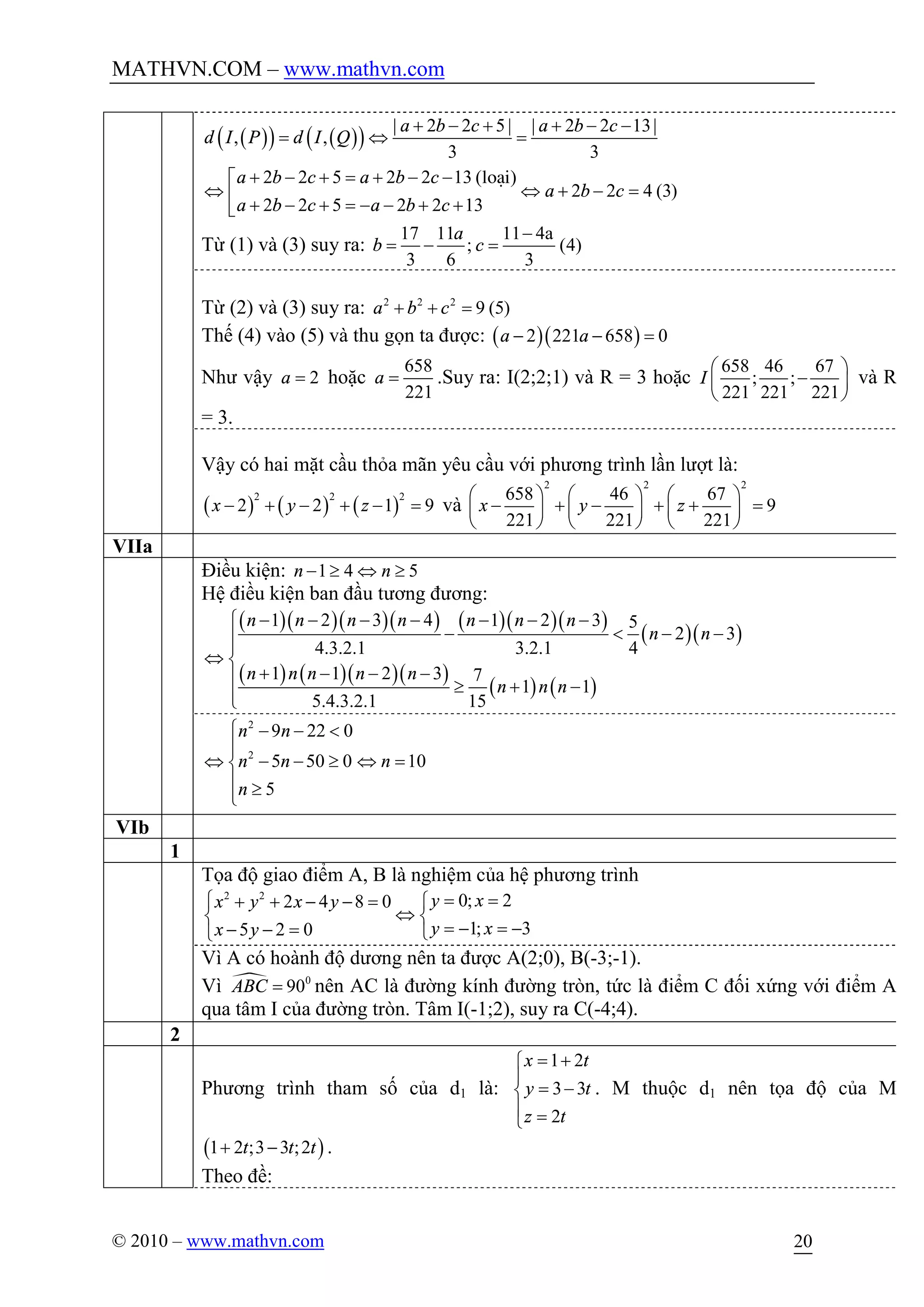MATHVN.COM – www.mathvn.com
© 2010 – www.mathvn.com 20
( )( ) ( )( ) | 2 2 5| | 2 2 13|
, ,
3 3
2 2 5 2 2 13 ( )
2 2 4 (3)
2 2 5 2 2 13
a b c a b c
d I P d I Q
a b c a b c
a b c
a b c a b c
+ - + + - -
= Û =
+ - + = + - -é
Û Û + - =ê + - + = - - + +ë
lo¹i
Từ (1) và (3) suy ra:
17 11 11 4a
; (4)
3 6 3
a
b c
-
= - =
Từ (2) và (3) suy ra: 2 2 2
9 (5)a b c+ + =
Thế (4) vào (5) và thu gọn ta được: ( )( )2 221 658 0a a- - =
Như vậy 2a = hoặc
658
221
a = .Suy ra: I(2;2;1) và R = 3 hoặc
658 46 67
; ;
221 221 221
I
æ ö
-ç ÷
è ø
và R
= 3.
Vậy có hai mặt cầu thỏa mãn yêu cầu với phương trình lần lượt là:
( ) ( ) ( )
2 2 2
2 2 1 9x y z- + - + - = và
2 2 2
658 46 67
9
221 221 221
x y z
æ ö æ ö æ ö
- + - + + =ç ÷ ç ÷ ç ÷
è ø è ø è ø
VIIa
Điều kiện: 1 4 5n n- ³ Û ³
Hệ điều kiện ban đầu tương đương:
( )( )( )( ) ( )( )( )
( )( )
( ) ( )( )( )
( ) ( )
1 2 3 4 1 2 3 5
2 3
4.3.2.1 3.2.1 4
1 1 2 3 7
1 1
5.4.3.2.1 15
n n n n n n n
n n
n n n n n
n n n
- - - - - - -ì
- < - -ïï
Û í
+ - - -ï ³ + -
ïî
2
2
9 22 0
5 50 0 10
5
n n
n n n
n
ì - - <
ï
Û - - ³ Û =í
ï ³
î
VIb
1
Tọa độ giao điểm A, B là nghiệm của hệ phương trình
2 2
0; 22 4 8 0
1; 35 2 0
y xx y x y
y xx y
= =ì + + - - = ì
Ûí í
= - = -- - = îî
Vì A có hoành độ dương nên ta được A(2;0), B(-3;-1).
Vì · 0
90ABC = nên AC là đường kính đường tròn, tức là điểm C đối xứng với điểm A
qua tâm I của đường tròn. Tâm I(-1;2), suy ra C(-4;4).
2
Phương trình tham số của d1 là:
1 2
3 3
2
x t
y t
z t
= +ì
ï
= -í
ï =î
. M thuộc d1 nên tọa độ của M
( )1 2 ;3 3 ;2t t t+ - .
Theo đề:
 