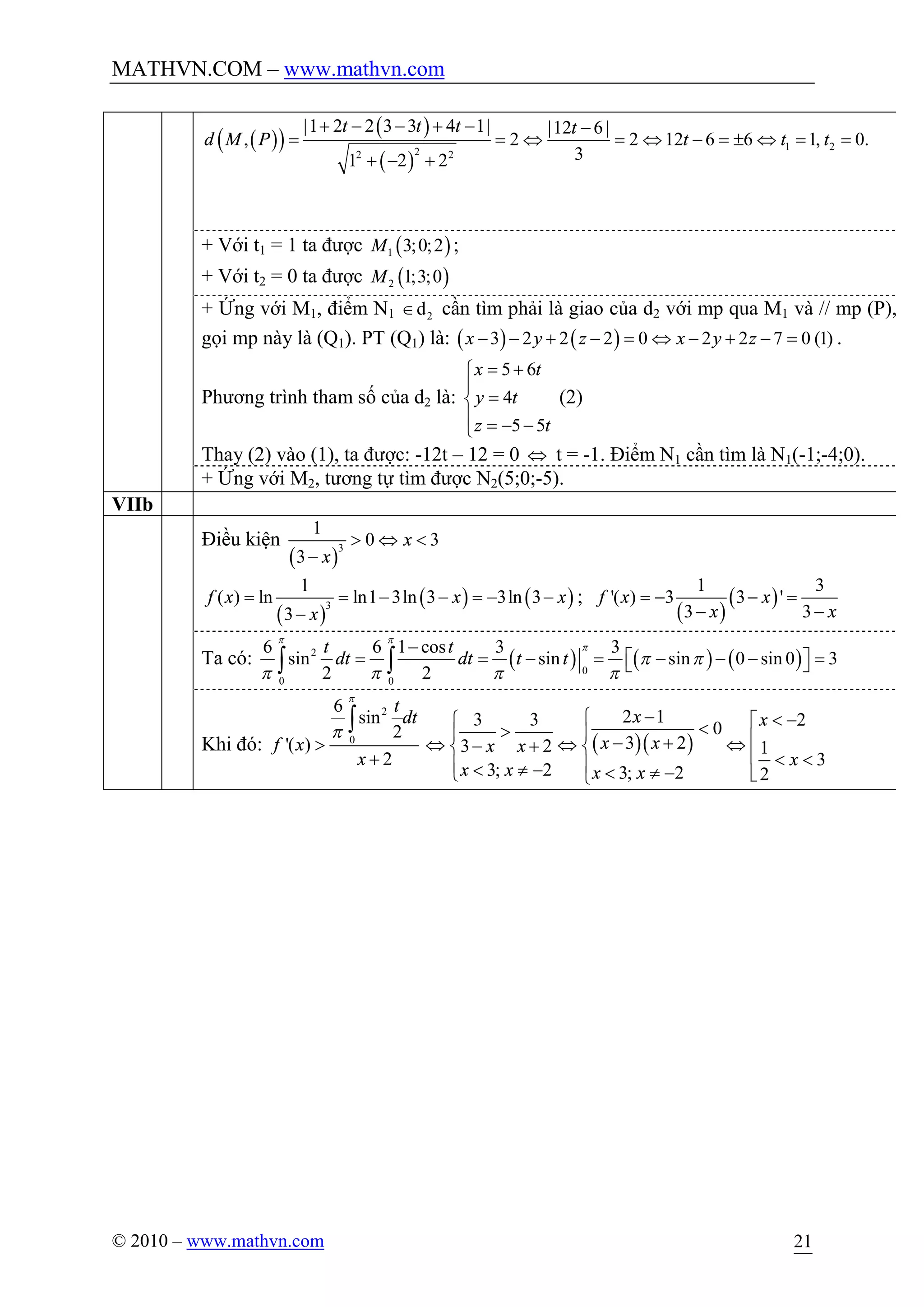 MATHVN.COM – www.mathvn.com
© 2010 – www.mathvn.com 21
( )( )
( )
( )
1 222 2
|1 2 2 3 3 4 1| |12 6 |
, 2 2 12 6 6 1, 0.
31 2 2
t t t t
d M P t t t
+ - - + - -
= = Û = Û - = ± Û = =
+ - +
+ Với t1 = 1 ta được ( )1 3;0;2M ;
+ Với t2 = 0 ta được ( )2 1;3;0M
+ Ứng với M1, điểm N1 2dÎ cần tìm phải là giao của d2 với mp qua M1 và // mp (P),
gọi mp này là (Q1). PT (Q1) là: ( ) ( )3 2 2 2 0 2 2 7 0 (1)x y z x y z- - + - = Û - + - = .
Phương trình tham số của d2 là:
5 6
4
5 5
x t
y t
z t
= +ì
ï
=í
ï = - -î
(2)
Thay (2) vào (1), ta được: -12t – 12 = 0 Û t = -1. Điểm N1 cần tìm là N1(-1;-4;0).
+ Ứng với M2, tương tự tìm được N2(5;0;-5).
VIIb
Điều kiện
( )
3
1
0 3
3
x
x
> Û <
-
( )
( ) ( )3
1
( ) ln ln1 3ln 3 3ln 3
3
f x x x
x
= = - - = - -
-
;
( )
( )
1 3
'( ) 3 3 '
3 3
f x x
x x
= - - =
- -
Ta có: ( ) ( ) ( )2
0
0 0
6 6 1 cos 3 3
sin sin sin 0 sin 0 3
2 2
|
t t
dt dt t t
p p
p
p p
p p p p
-
= = - = - - - =é ùë ûò ò
Khi đó:
2
0
6
sin
2
'( )
2
t
dt
f x
x
p
p
>
+
ò
( )( )
2 13 3 20
3 23 2 1
3
3; 2 3; 2 2
x x
x xx x
x
x x x x
-ì < -ì é<>ï ï ê- +Û Û Û- +í í ê < <ï ï< ¹ - < ¹ - ëî î
 