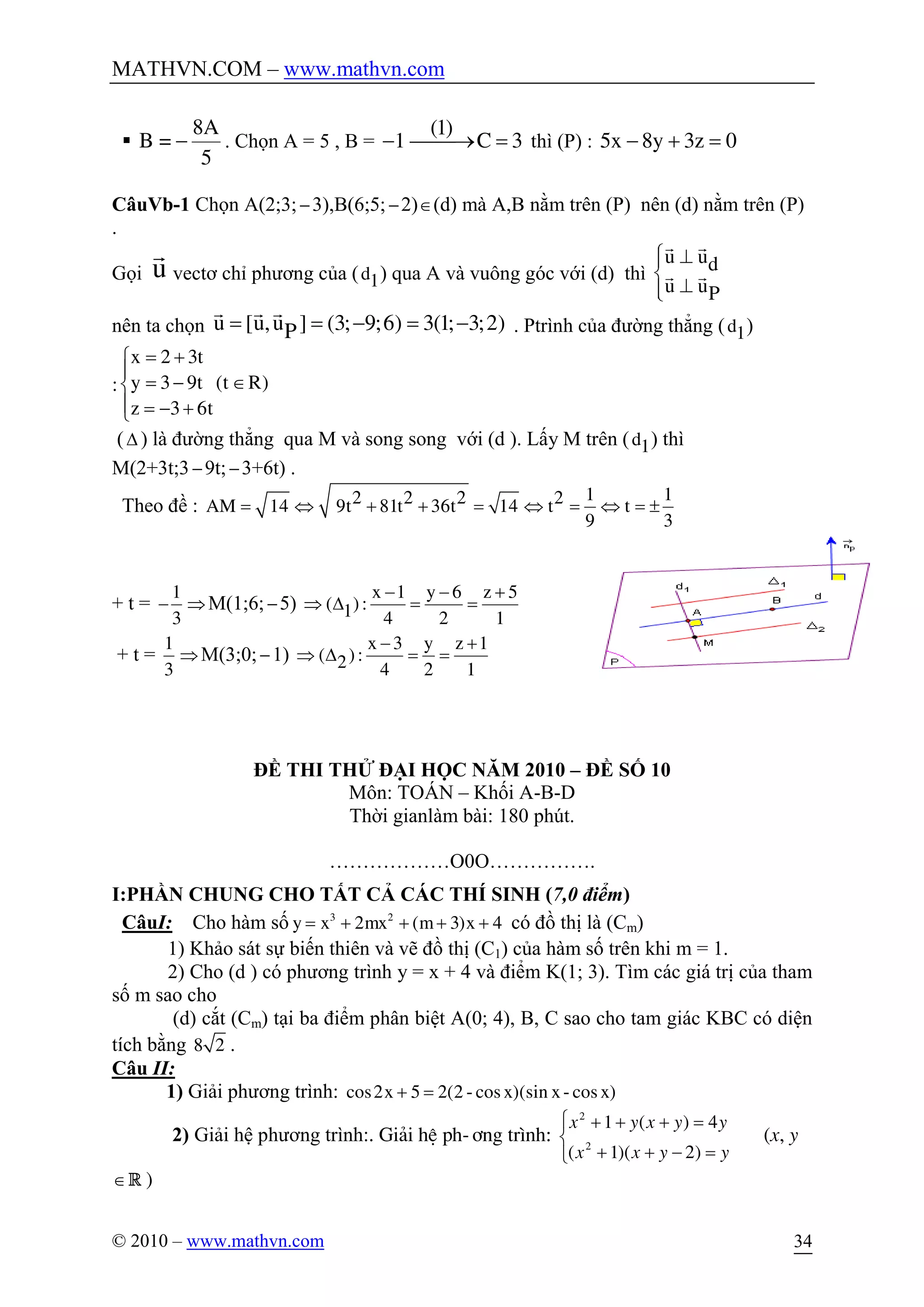 MATHVN.COM – www.mathvn.com
© 2010 – www.mathvn.com 34
§
8A
B =
5
- . Chọn A = 5 , B = 1-
(1)
C 3¾¾® = thì (P) : 5x 8y 3z 0- + =
CâuVb-1 Chọn A(2;3;-3),B(6;5;-2)Î(d) mà A,B nằm trên (P) nên (d) nằm trên (P)
.
Gọi u
r
vectơ chỉ phương của (d1) qua A và vuông góc với (d) thì
u ud
u uP
ì ^ï
í
^ïî
r r
r r
nên ta chọn u [u,u ] (3; 9;6) 3(1; 3;2)P= = - = -
r r r
. Ptrình của đường thẳng (d1)
:
= +ì
ï
= - Îí
ï = - +î
x 2 3t
y 3 9t (t R)
z 3 6t
(D ) là đường thẳng qua M và song song với (d ). Lấy M trên (d1) thì
M(2+3t;3-9t;-3+6t) .
Theo đề :
1 12 2 2 2AM 14 9t 81t 36t 14 t t
9 3
= Û + + = Û = Û = ±
+ t =
1
3
- ÞM(1;6;-5)
x 1 y 6 z 5
( ):1 4 2 1
- - +
Þ D = =
+ t =
1
3
ÞM(3;0;-1)
x 3 y z 1
( ):2 4 2 1
- +
Þ D = =
ĐỀ THI THỬ ĐẠI HỌC NĂM 2010 – ĐỀ SỐ 10
Môn: TOÁN – Khối A-B-D
Thời gianlàm bài: 180 phút.
………………O0O…………….
I:PHẦN CHUNG CHO TẤT CẢ CÁC THÍ SINH (7,0 điểm)
CâuI: Cho hàm số 3 2
2 ( 3) 4y x mx m x= + + + + có đồ thị là (Cm)
1) Khảo sát sự biến thiên và vẽ đồ thị (C1) của hàm số trên khi m = 1.
2) Cho (d ) có phương trình y = x + 4 và điểm K(1; 3). Tìm các giá trị của tham
số m sao cho
(d) cắt (Cm) tại ba điểm phân biệt A(0; 4), B, C sao cho tam giác KBC có diện
tích bằng 8 2 .
Câu II:
1) Giải phương trình: cos2 5 2(2 - cos )(sin - cos )x x x x+ =
2) Giải hệ phương trình:. Gi¶i hÖ ph-¬ng tr×nh:
î
í
ì
=-++
=+++
yyxx
yyxyx
)2)(1(
4)(1
2
2
(x, y
ÎR )
 