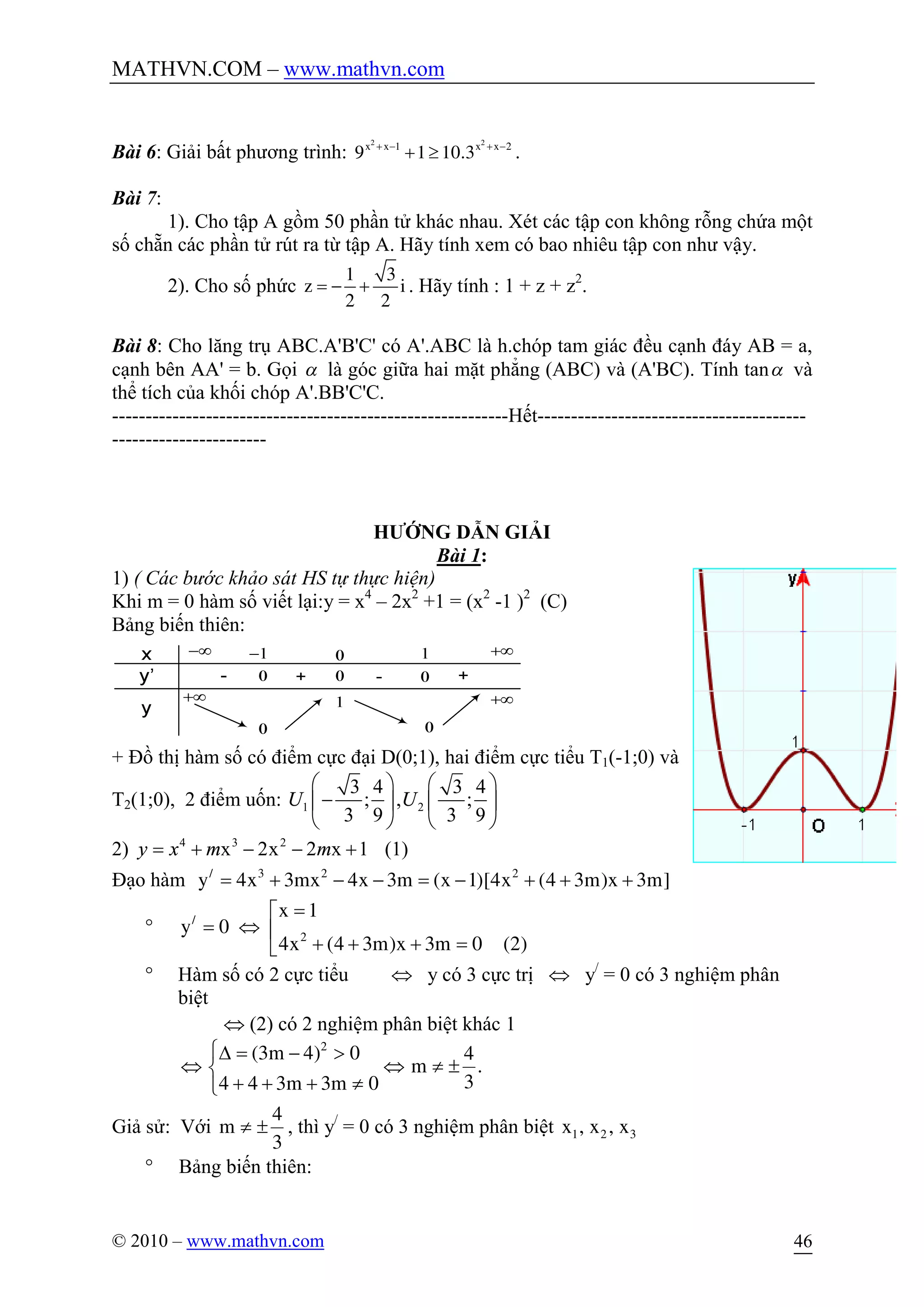 MATHVN.COM – www.mathvn.com
© 2010 – www.mathvn.com 46
Bài 6: Giải bất phương trình:
2 2
1 2
9 1 10.3x x x x+ - + -
+ ³ .
Bài 7:
1). Cho tập A gồm 50 phần tử khác nhau. Xét các tập con không rỗng chứa một
số chẵn các phần tử rút ra từ tập A. Hãy tính xem có bao nhiêu tập con như vậy.
2). Cho số phức
1 3
z
2 2
i= - + . Hãy tính : 1 + z + z2
.
Bài 8: Cho lăng trụ ABC.A'B'C' có A'.ABC là h.chóp tam giác đều cạnh đáy AB = a,
cạnh bên AA' = b. Gọi a là góc giữa hai mặt phẳng (ABC) và (A'BC). Tính tana và
thể tích của khối chóp A'.BB'C'C.
-----------------------------------------------------------Hết----------------------------------------
-----------------------
HƯỚNG DẪN GIẢI
Bài 1:
1) ( Các bước khảo sát HS tự thực hiện)
Khi m = 0 hàm số viết lại:y = x4
– 2x2
+1 = (x2
-1 )2
(C)
Bảng biến thiên:
+ Đồ thị hàm số có điểm cực đại D(0;1), hai điểm cực tiểu T1(-1;0) và
T2(1;0), 2 điểm uốn: 1 2
3 4 3 4
; , ;
3 9 3 9
U U
æ ö æ ö
-ç ÷ ç ÷
è ø è ø
2) 4 3 2
x 2x 2 x 1y x m m= + - - + (1)
Đạo hàm / 3 2 2
y 4x 3mx 4x 3m (x 1)[4x (4 3m)x 3m]= + - - = - + + +
° /
2
x 1
y 0
4x (4 3m)x 3m 0 (2)
=é
= Û ê
+ + + =ë
° Hàm số có 2 cực tiểu Û y có 3 cực trị Û y/
= 0 có 3 nghiệm phân
biệt
Û (2) có 2 nghiệm phân biệt khác 1
2
(3m 4) 0 4
m .
34 4 3m 3m 0
ìD = - >
Û Û ¹ ±í
+ + + ¹î
Giả sử: Với
4
m
3
¹ ± , thì y/
= 0 có 3 nghiệm phân biệt 1 2 3x , x , x
° Bảng biến thiên:
 