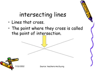 intersecting lines
• Lines that cross.
• The point where they cross is called
  the point of intersection.




   7/12/2012    Source: teachers.rmcity.org
 