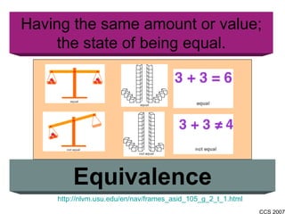 Having the same amount or value; the state of being equal. Equivalence http://nlvm.usu.edu/en/nav/frames_asid_105_g_2_t_1.html 