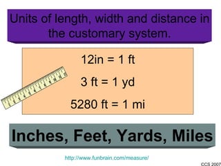 Units of length, width and distance in the customary system. Inches, Feet, Yards, Miles http://www.funbrain.com/measure/ 12in = 1 ft 3 ft = 1 yd 5280 ft = 1 mi 