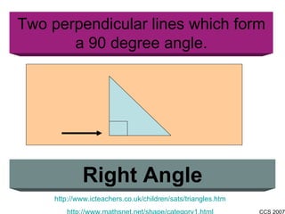 Two perpendicular lines which form a 90 degree angle. Right Angle http://www.icteachers.co.uk/children/sats/triangles.htm http://www.mathsnet.net/shape/category1.html 