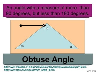 An angle with a measure of more  than 90 degrees, but less than 180 degrees. Obtuse Angle http://www.manatee.k12.fl.us/sites/elementary/palmasola/mathlabtutan1b.htm http://www.toonuniversity.com/6m_angle_d.html 110 35 35 