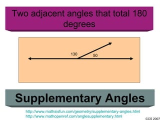 Two adjacent angles that total 180 degrees Supplementary Angles http://www.mathsisfun.com/geometry/supplementary-angles.html http://www.mathopenref.com/anglesupplementary.html 130 50 