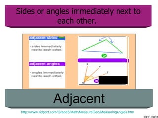 Sides or angles immediately next to each other.  Adjacent http://www.kidport.com/Grade5/Math/MeasureGeo/MeasuringAngles.htm 