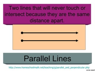 Two lines that will never touch or intersect because they are the same distance apart. Parallel Lines http://www.homeschoolmath.net/teaching/g/parallel_and_perpendicular.php 