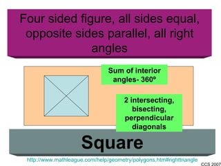 Four sided figure, all sides equal, opposite sides parallel, all right angles Square http://www.mathleague.com/help/geometry/polygons.htm#righttriangle Sum of interior angles- 360 º 2 intersecting, bisecting, perpendicular diagonals 