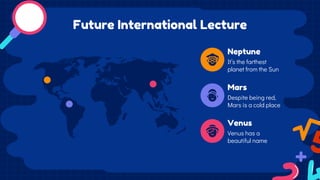 Future International Lecture
It’s the farthest
planet from the Sun
Neptune
Despite being red,
Mars is a cold place
Mars
Venus has a
beautiful name
Venus
 