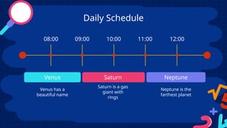 Daily Schedule
Venus
Venus has a
beautiful name
Saturn
Saturn is a gas
giant with
rings
Neptune
Neptune is the
farthest planet
08:00 09:00 10:00 11:00 12:00
 