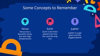 Some Concepts to Remember
Venus Earth Jupiter
Venus has a
beautiful name,
but also high
temperatures
Earth is the third
planet from the
Sun and the only
one
Jupiter is a gas
giant and the
biggest planet
 