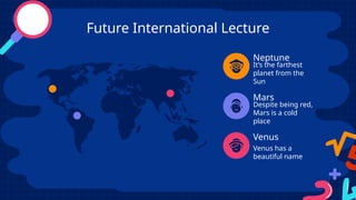 Future International Lecture
It’s the farthest
planet from the
Sun
Neptune
Despite being red,
Mars is a cold
place
Mars
Venus has a
beautiful name
Venus
 