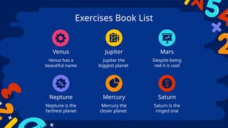 Exercises Book List
Venus Jupiter Mars
Venus has a
beautiful name
Jupiter the
biggest planet
Despite being
red it is cool
Neptune Mercury Saturn
Neptune is the
farthest planet
Mercury the
closer planet
Saturn is the
ringed one
 