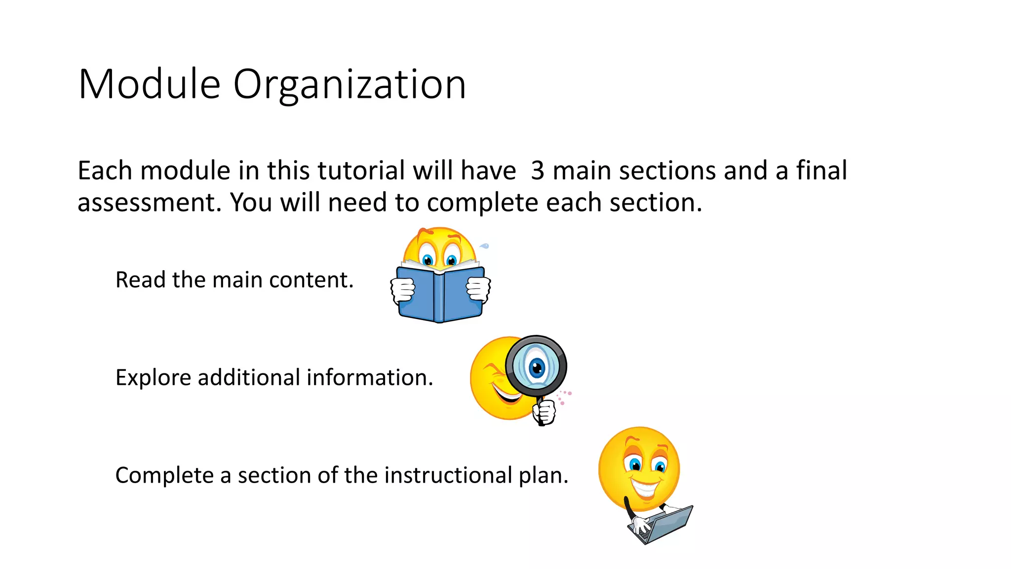 Module Organization 
Each module in this tutorial will have 3 main sections and a final 
assessment. You will need to complete each section. 
Read the main content. 
Explore additional information. 
Complete a section of the instructional plan. 
 