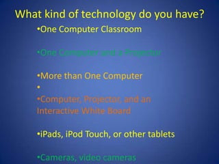 What kind of technology do you have?
    •One Computer Classroom

    •One Computer and a Projector

    •More than One Computer
    •
    •Computer, Projector, and an
    Interactive White Board

    •iPads, iPod Touch, or other tablets

    •Cameras, video cameras
 