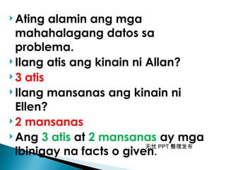无忧 PPT 整理发布
 Ating alamin ang mga
mahahalagang datos sa
problema.
 Ilang atis ang kinain ni Allan?
 3 atis
 Ilang mansanas ang kinain ni
Ellen?
 2 mansanas
 Ang 3 atis at 2 mansanas ay mga
ibinigay na facts o given.
 