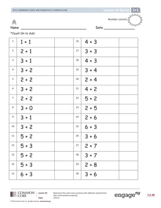 1.E.26
© 2012 Common Core, Inc. All rights reserved. commoncore.org
Lesson 19: Represent the same story scenario with addends repositioned
(the commutative property).
Date: 5/9/13
© 2012 Common Core, Inc. All rights reserved. commoncore.org
© 2012 Common Core, Inc. All rights reserved. commoncore.org
Lesson 19 Sprint
NYS COMMON CORE MATHEMATICS CURRICULUM 1
Name Date
*Count On to Add
1
1 + 1 16
4 + 3
2
2 + 1 17
3 + 3
3
3 + 1 18
4 + 3
4
3 + 2 19
3 + 4
5
2 + 2 20
2 + 4
6
3 + 2 21
4 + 2
7
2 + 2 22
5 + 2
8
3 + 0 23
2 + 5
9
3 + 1 24
2 + 6
10
3 + 2 25
6 + 3
11
5 + 2 26
3 + 6
12
5 + 3 27
2 + 7
13
5 + 2 28
3 + 7
14
5 + 3 29
2 + 8
15
6 + 3 30
3 + 6
Number correct:
:
:
 