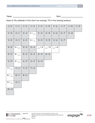 Ï ‰ Ð Ð Ñ Ò Ó Ó Š m n n o p n q r s t u r o v w x v n p q v y v r z v t q v r x n s { s | n s z } v
r t t { z { n s ~ } r q z  € x n  ‚ { s | r s t r s r  € ƒ { s | y q n   v u x „ { z } ~ n u u n s
r t t v s t x
† ‡ ˆ ‰ Š ‹ Œ  Œ Ž 
 ‘ ’ ‘  Ô
† ‡ ˆ ‰ Š
” • – — • ˜ ™ š š ™ › ˜ ™ œ  ž Ÿ › ¡ ¢ £ £ œ ¤ ¥ ¦ § ¨ œ  ¨  œ ©  ª ¡ « ¬ ­ ­ ¬ ® « ¬ ¯ ° ± ¬ ¯ ²
³ ´ µ µ ¶ · ¸ ¸ Õ Ö × ¿ Ø × Ù Ú ´ ¿
À Á Â Ã Ä Å Å Ä À Ã Ä Æ Ç Å È É Ê Ç Å È É Ë Ã Â Ã Ì Æ Æ Ë Ã Ì Í Ì Å Î
Name Date
Some of the addends in this chart are missing! Fill in the missing numbers.
1 + 0 1 + 1 1 + 2 1 + 3 1 + 4 1 + 5 1 + 6 1 + 7 1 + 8 1 + 9
2 + 0 2 + 1 2 + 2 2 + __ 2 + 4 2 + 5 2 + 6 2 + 7 2 + 8
3 + 0 3 + 1 3 + 2 3 + __ 3 + 4 3 + 5 3 + 6 3 + 7
4 + 0 4 + __ 4 + 2 4 + 3 __ + 4 __ + 5 __ + 6
5 + 0 5 + __ 5 + 2 5 + 3 5 + 4 5 + 5
6 + 0 6 + __ 6 + 2 6 + 3 6 + 4
7 + __ 7 + 1 7 + 2 7 + 3
8 + __ 8 + 1 8 + 2
9 + __ 9 + 1
10 + 0
 