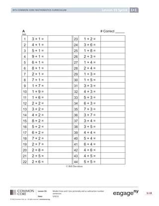Lesson 33: Model 0 less and 1 less pictorially and as subtraction number
sentences.
Date: 5/9/13
1.I.8
© 2012 Common Core, Inc. All rights reserved. commoncore.org
Lesson 33 Sprint
NYS COMMON CORE MATHEMATICS CURRICULUM 1
© Bill Davidson
A # Correct _____
Add.
1 3 + 1 = 23 1 + 2 =
2 4 + 1 = 24 3 + 6 =
3 5 + 1 = 25 1 + 8 =
4 9 + 1 = 26 2 + 3 =
5 6 + 1 = 27 1 + 4 =
6 8 + 1 = 28 2 + 4 =
7 2 + 1 = 29 1 + 3 =
8 7 + 1 = 30 1 + 5 =
9 1 + 7 = 31 3 + 3 =
10 1 + 9 = 32 4 + 3 =
11 1 + 6 = 33 5 + 3 =
12 2 + 2 = 34 6 + 3 =
13 3 + 2 = 35 7 + 3 =
14 4 + 2 = 36 3 + 7 =
15 8 + 2 = 37 3 + 4 =
16 5 + 2 = 38 3 + 5 =
17 6 + 2 = 39 4 + 4 =
18 7 + 2 = 40 5 + 4 =
19 2 + 7 = 41 6 + 4 =
20 2 + 8 = 42 4 + 6 =
21 2 + 5 = 43 4 + 5 =
22 2 + 6 = 44 5 + 5 =
 