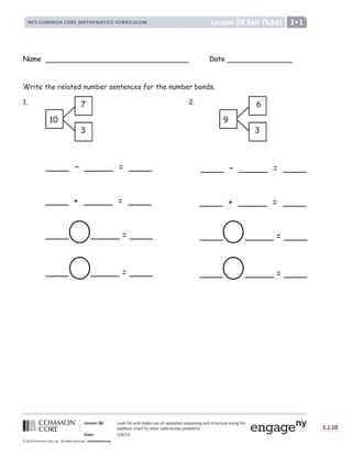 Lesson 38: Look for and make use of repeated reasoning and structure using the
addition chart to solve subtraction problems.
Date: 5/9/13
1.J.10
© 2012 Common Core, Inc. All rights reserved. commoncore.org
Lesson 38 Exit Ticket
NYS COMMON CORE MATHEMATICS CURRICULUM 1
Name Date
Write the related number sentences for the number bonds.
1. 2.
10
7
3
9
6
3
____ – _____ = ____
____ + _____ = ____
____ _____ = ____
____ _____ = ____
____ – _____ = ____
____ + _____ = ____
____ _____ = ____
____ _____ = ____
 