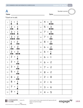 Lesson 15: Count on up to 3 more using numeral and 5-group cards and
fingers to track the change.
Date: 5/9/13
1.D.15
© 2012 Common Core, Inc. All rights reserved. commoncore.org
Lesson 15 Sprint
NYS COMMON CORE MATHEMATICS CURRICULUM 1
Name Date
*Count on to add.
1 1 + 1 16 4 + 3
2 2 + 1 17 5 + 3
3 3 + 1 18 7 + 3
4 3 + 2 19 7 + 2
5 1 + 2 20 8 + 2
6 2 + 2 21 6 + 2
7 2 + 3 22 6 + 1
8 2 + 1 23 6 + 1
9 2 + 2 24 6 + 2
10 3 + 2 25 7 + 2
11 5 + 2 26 8 + 2
12 8 + 2 27 2 + 8
13 8 + 1 28 2 + 6
14 7 + 1 29 3 + 6
15 9 + 1 30 4 + 5
Number correct:
:
:
A
 