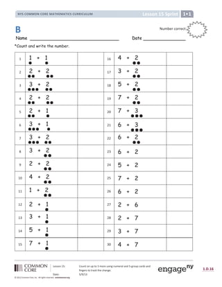 Lesson 15: Count on up to 3 more using numeral and 5-group cards and
fingers to track the change.
Date: 5/9/13
1.D.16
© 2012 Common Core, Inc. All rights reserved. commoncore.org
Lesson 15 Sprint
NYS COMMON CORE MATHEMATICS CURRICULUM 1
Name Date
*Count and write the number.
1 1 + 1 16 4 + 2
2 2 + 2 17 3 + 2
3 3 + 2 18 5 + 2
4 2 + 2 19 7 + 2
5 2 + 1 20 7 + 3
6 3 + 1 21 6 + 3
7 3 + 2 22 6 + 2
8 3 + 2 23 6 + 2
9 2 + 2 24 5 + 2
10 4 + 2 25 7 + 2
11 1 + 2 26 6 + 2
12 2 + 1 27 2 + 6
13 3 + 1 28 2 + 7
14 5 + 1 29 3 + 7
15 7 + 1 30 4 + 7
Number correct:
:
:
:
B
 