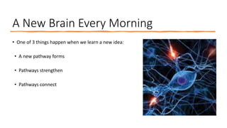 A New Brain Every Morning
• One of 3 things happen when we learn a new idea:
• A new pathway forms
• Pathways strengthen
• Pathways connect
 