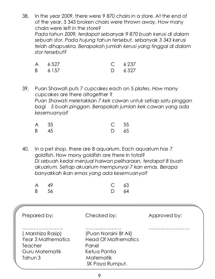 Soalan Matematik Tahun 3 Kertas 2 jerssiy