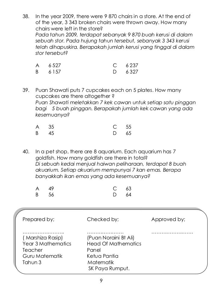 Soalan Matematik Tahun 3 Kertas 2  jerssiy