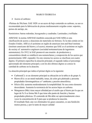 MARCO TEORICO.6

    Aceros al carbono:

-Pletinas de 50x3mm. SAE 1020: es un acero de bajo contenido en carbono, su uso es
recomendado para la fabricación de piezas medianamente exigidas como: soportes,
pernos de anclaje, etc.

Suministros: barras redondas, hexagonales y cuadradas. Laminadas y trefiladas

AISI/SAE: la norma AISI/SAE (también conocida por SAE/AISI) es una
clasificación de aceros y aleaciones de materiales no ferrosos. Es la más común en los
Estados Unidos. AISI es el acrónimo en inglés de american iron and Steel institute
(instituto americano del hierro y el acero), mientras que SAE es el acrónimo en inglés
de society of automotive engineers (sociedad norteamericana de ingenieros
automotores). En 1912, la SAE promovió una reunión de productores y
consumidores donde se estableció una nomenclatura y composición de los aceros que
posteriormente AISI expandió. En este sistema los aceros se clasifican con cuatro
dígitos. El primero especifica la aleación principal, el segundo indica el porcentaje
aproximado del elemento principal y con los dos últimos dígitos se conoce la
cantidad de carbono en la aleación.

La aleación principal que indica el primer digito es la siguiente:

      Carbono(C): es un elemento principal su ubicación en la tabla es de grupo A.
      Hierro (Fe): es un metal maleable, tenaz, de color gris platinado y presenta
      propiedades ferromagnéticas a t° ambiente y presión atmosférica.
      Silicio (Si): aumenta moderadamente la templabilidad. Se usa como elemento
      desoxidante. Aumenta la resistencia de los aceros bajos en carbono.
      Manganeso (Mn): tiene mayor afinidad por el azufre que el hierro por lo que en
      lugar de Fe S se forma Mn S que tiene alto punto de función y buenas
      propiedades plásticas. El contenido de Mn debe ser aproximadamente cinco
      veces la concentración de S para que se produzca la reacción.
      El resultado final, una vez eliminados los gases causantes, es una fundición
      menos porosa, y por lo tanto de mayor calidad


                                           13
 