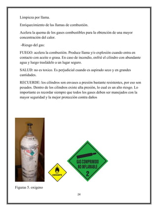 Limpieza por llama.

   Enriquecimiento de las llamas de combustión.

   Acelera la quema de los gases combustibles para la obtención de una mayor
   concentración del calor.

   -Riesgo del gas:

   FUEGO: acelera la combustión. Produce llama y/o explosión cuando entra en
   contacto con aceite o grasa. En caso de incendio, enfrié el cilindro con abundante
   agua y luego trasládelo a un lugar seguro.

   SALUD: no es toxico. Es perjudicial cuando es aspirado seco y en grandes
   cantidades.

   RECUERDE: los cilindros son envases a presión bastante resistentes, por eso son
   pesados. Dentro de los cilindros existe alta presión, lo cual es un alto riesgo. Lo
   importante es recordar siempre que todos los gases deben ser manejados con la
   mayor seguridad y la mejor protección contra daños




Figuras 5. oxigeno
                                          24
 