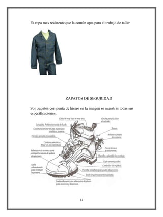 Es ropa mas resistente que la común apta para el trabajo de taller




                       ZAPATOS DE SEGURIDAD

Son zapatos con punta de hierro en la imagen se muestras todas sus
especificaciones.




                                37
 