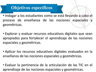 Objetivos específicos
• Indagar a los estudiantes como se está llevando a cabo el
proceso de enseñanza de las nociones espaciales y
geométricas.
• Explorar y evaluar recursos educativos digitales que sean
apropiados para fortalecer el aprendizaje de las nociones
espaciales y geométricas.
• Aplicar los recursos educativos digitales evaluados en la
enseñanza de las nociones espaciales y geométricas.
• Evaluar la pertinencia de la articulación de las TIC en el
aprendizaje de las nociones espaciales y geométricas.
 