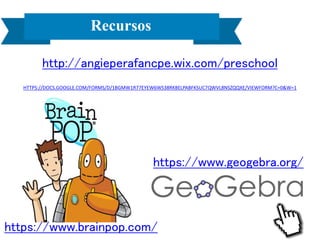 Recursos
http://angieperafancpe.wix.com/preschool
https://www.geogebra.org/
https://www.brainpop.com/
HTTPS://DOCS.GOOGLE.COM/FORMS/D/1BGMW1R77EYEW6WS38RKBELPABFKSUC7QWVL8NSZQQXE/VIEWFORM?C=0&W=1
 