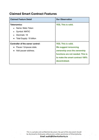 Claimed Smart Contract Features
Claimed Feature Detail Our Observation
Tokenomics:
● Name: Matic Token
● Symbol: MATIC
● Decimals: 18
● Total Supply: 10 billion
YES, This is valid.
Controller of the owner control:
● Pause / Unpause state.
● Add pauser address.
YES, This is valid.
We suggest renouncing
ownership once the ownership
functions are not needed. This is
to make the smart contract 100%
decentralized.
 