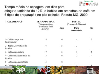 Tempo médio de secagem, em dias para
atingir a umidade de 12%, e bebida em amostras de café em
6 tipos de preparação no pós colheita, Reduto-MG, 2009.
TRATAMENTOS                   TEMPO DE SECA                    BEBIDA
                               (Dias para atingir          (Numero de Xícaras)
                                a umidade final
                                   de 12%)          Dura          Dura           Rio
                                                               fermentada



1- Café da roça, sem                  18             6              -             2
lavar/separar
2- Idem 1, debulhado no               16             5              3
terreiro
3- Café cereja natural                17             5              1             2
4- Café cereja debulhado no           13             6              2             -
terreiro
5- Café cereja despolpado             13             8              -             -
6- Café bóia debulhado                12             5              -             3
 