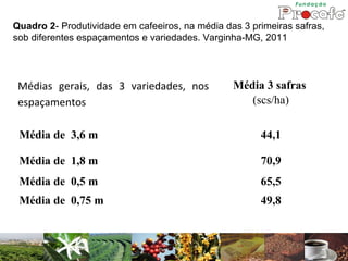 Quadro 2- Produtividade em cafeeiros, na média das 3 primeiras safras,
sob diferentes espaçamentos e variedades. Varginha-MG, 2011




 Médias gerais, das 3 variedades, nos            Média 3 safras
 espaçamentos                                       (scs/ha)


 Média de 3,6 m                                        44,1

 Média de 1,8 m                                        70,9
 Média de 0,5 m                                        65,5
 Média de 0,75 m                                       49,8
 