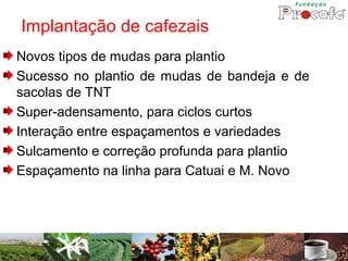 Implantação de cafezais
Novos tipos de mudas para plantio
Sucesso no plantio de mudas de bandeja e de
sacolas de TNT
Super-adensamento, para ciclos curtos
Interação entre espaçamentos e variedades
Sulcamento e correção profunda para plantio
Espaçamento na linha para Catuai e M. Novo
 