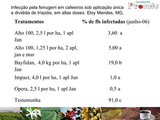Infecção pela ferrugem em cafeeiros sob aplicação única
e dividida de triazóis, em altas doses. Eloy Mendes, MG,

 Tratamentos                       % de fls infectadas (junho-06)

 Alto 100, 2,5 l por ha, 1 apl                  3,60 a
 Jan
 Alto 100, 1,25 l por ha, 2 apl,                5,00 a
 jan e mar
 Bayfidan, 4,0 kg por ha, 1 apl                 19,0 b
 Jan
 Impact, 4,0 l por ha, 1 apl Jan                 1,0 a

 Opera, 2,5 l por ha, 1 apl Jan                  0,5 a

 Testemunha                                     91,0 c
 