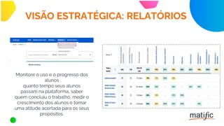 VISÃO ESTRATÉGICA: RELATÓRIOS
Monitore o uso e o progresso dos
alunos
quanto tempo seus alunos
passam na plataforma, saber
quem concluiu o trabalho, medir o
crescimento dos alunos e tomar
uma atitude acertada para os seus
propósitos.
 
