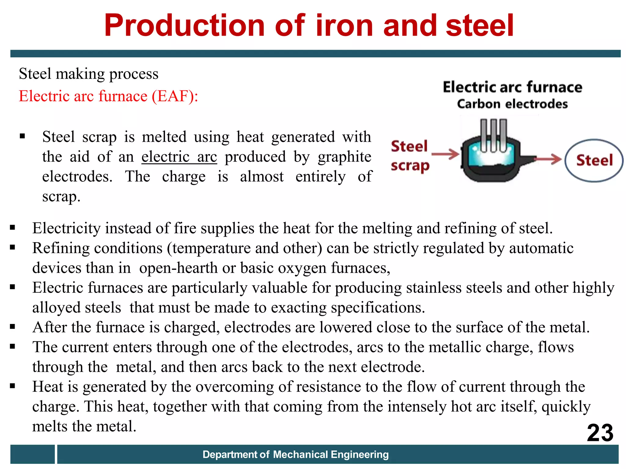Steel making process
Electric arc furnace (EAF):
 Steel scrap is melted using heat generated with
the aid of an electric arc produced by graphite
electrodes. The charge is almost entirely of
scrap.
 Electricity instead of fire supplies the heat for the melting and refining of steel.
 Refining conditions (temperature and other) can be strictly regulated by automatic
devices than in open-hearth or basic oxygen furnaces,
 Electric furnaces are particularly valuable for producing stainless steels and other highly
alloyed steels that must be made to exacting specifications.
 After the furnace is charged, electrodes are lowered close to the surface of the metal.
 The current enters through one of the electrodes, arcs to the metallic charge, flows
through the metal, and then arcs back to the next electrode.
 Heat is generated by the overcoming of resistance to the flow of current through the
charge. This heat, together with that coming from the intensely hot arc itself, quickly
melts the metal.
Production of iron and steel
23
Department of Mechanical Engineering
 
