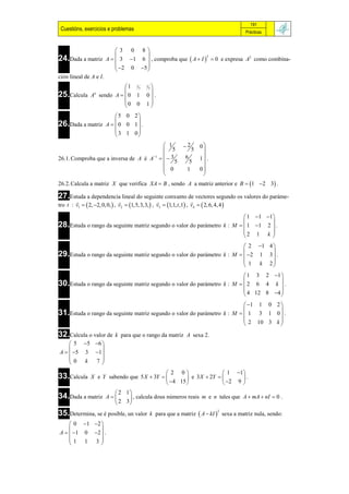 191
 Cuestións, exercicios e problemas                                                               Prácticas



                              3 0 8
                                      
24.Dada a matriz         A   3 1 6  , comproba que  A  I   0 e expresa A2 como combina-
                                                                2


                              2 0 5 
                                      
ción lineal de A e I.
                       1                 1
                                              7
                                                  1  7

25.Calcula A sendo A   0
                   n
                                         1
                                                   
                                                  0.
                       0                         1
                                         0        
                              5 0 2
                                   
26.Dada a matriz         A  0 0 1 .
                              3 1 0
                                   
                                         1                         2       0
                                         5                              5    
26.1. Comproba que a inversa de A é A    3
                                     1                              6       1 .
                                         5                            5      
                                         0
                                                                     1      0
                                                                              
                                                                             
26.2. Calcula a matriz X que verifica XA  B , sendo A a matriz anterior e B  1 2 3 .

27.Estuda a dependencia lineal do seguinte conxunto de vectores segundo os valores do paráme-
                                                                   
tro t : v1   2, 2, 0, 0,  , v2  1,5,3,3,  , v3  1,1, t ,1 , v4   2, 6, 4, 4 

                                                                                                  1  1 1 
                                                                                                           
28.Estuda o rango da seguinte matriz segundo o valor do parámetro                        k : M   1 1 2  .
                                                                                                 2 1 k 
                                                                                                           
                                                                           2 1 4 
29.Estuda o rango da seguinte matriz segundo o valor do parámetro k : M   2 1 3  .
                                                                                  
                                                                           1 k 2
                                                                                  
                                                                                                  1 3 2 1 
                                                                                                            
30.Estuda o rango da seguinte matriz segundo o valor do parámetro                        k : M  2 6 4 k  .
                                                                                                  4 12 8 4 
                                                                                                            
                                                                           1 1 0 2 
31.Estuda o rango da seguinte matriz segundo o valor do parámetro k : M   1 3 1 0  .
                                                                                    
                                                                           2 10 3 k 
                                                                                    
32.Calcula o valor de         k para que o rango da matriz A sexa 2.
     5  5 6 
              
A   5 3 1 
    0 k    7
              
                                               2 0                  1 1
33.Calcula       X e Y sabendo que 5 X  3Y          e 3 X  2Y        .
                                               4 15                2 9 
                            2 1
34.Dada a matriz         A     , calcula dous números reais m e n tales que A  mA  nI  0 .
                            2 3
35.Determina, se é posible, un valor                  k para que a matriz  A  kI  sexa a matriz nula, sendo:
                                                                                     2



     0  1 2 
              
A   1 0 2  .
    1 1 3
              
 