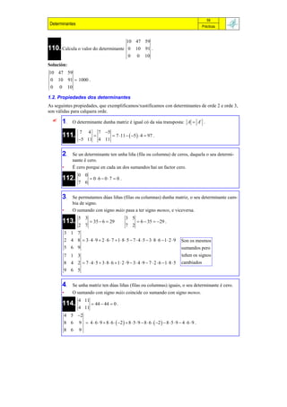 59
 Determinantes                                                                                      Prácticas


                                                    10 47 59
110. Calcula o valor do determinante                 0 10 91 .
                                                     0 0 10
Solución:
10 47 59
 0 10 91  1000 .
 0 0 10

1.2. Propiedades dos determinantes
As seguintes propiedades, que exemplificamos/xustificamos con determinantes de orde 2 e orde 3,
son válidas para calquera orde.
      1.       O determinante dunha matriz é igual có da súa transposta: A  At .

                     7     4        7 5
       111.                                7 11   5   4  97 .
                    5 11           4 11


       2.       Se un determinante ten unha liña (fila ou columna) de ceros, daquela o seu determi-
                nante é cero.
       •        É cero porque en cada un dos sumandos hai un factor cero.
                    0 0
       112.                 06  07  0 .
                    7 6


       3.       Se permutamos dúas liñas (filas ou columnas) dunha matriz, o seu determinante cam-
                bia de signo.
       •        O sumando con signo máis pasa a ter signo menos, e viceversa.
                    5 3                            3 5
       113.                  35  6  29                   6  35  29 .
                    2 7                            7 2
           3 1 7
           2 4 8  3  4  9  2  6  7  1 8  5  7  4  5  3  8  6 1 2  9   Son os mesmos
        5 6 9                                                                           sumandos pero
        7 1 3                                                                           teñen os signos
        8 4 2  7  4  5  3  8  6  1 2  9  3  4  9  7  2  6  1  8  5    cambiados
        9 6 5


       4.       Se unha matriz ten dúas liñas (filas ou columnas) iguais, o seu determinante é cero.
       •        O sumando con signo máis coincide co sumando con signo menos.
                    4 11
       114.                     44  44  0 .
                    4 11
        4 5 2
        8 6 9  4  6  9  8  6   2   8  5  9  8  6   2   8  5  9  4  6  9 .
        8 6 9
 
