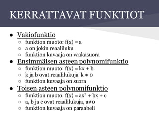 KERRATTAVAT FUNKTIOT
● Vakiofunktio
○ funktion muoto: f(x) = a
○ a on jokin reaaliluku
○ funktion kuvaaja on vaakasuora
● Ensimmäisen asteen polynomifunktio
○ funktion muoto: f(x) = kx + b
○ k ja b ovat reaalilukuja, k ≠ 0
○ funktion kuvaaja on suora
● Toisen asteen polynomifunktio
○ funktion muoto: f(x) = ax2
+ bx + c
○ a, b ja c ovat reaalilukuja, a≠0
○ funktion kuvaaja on paraabeli
 